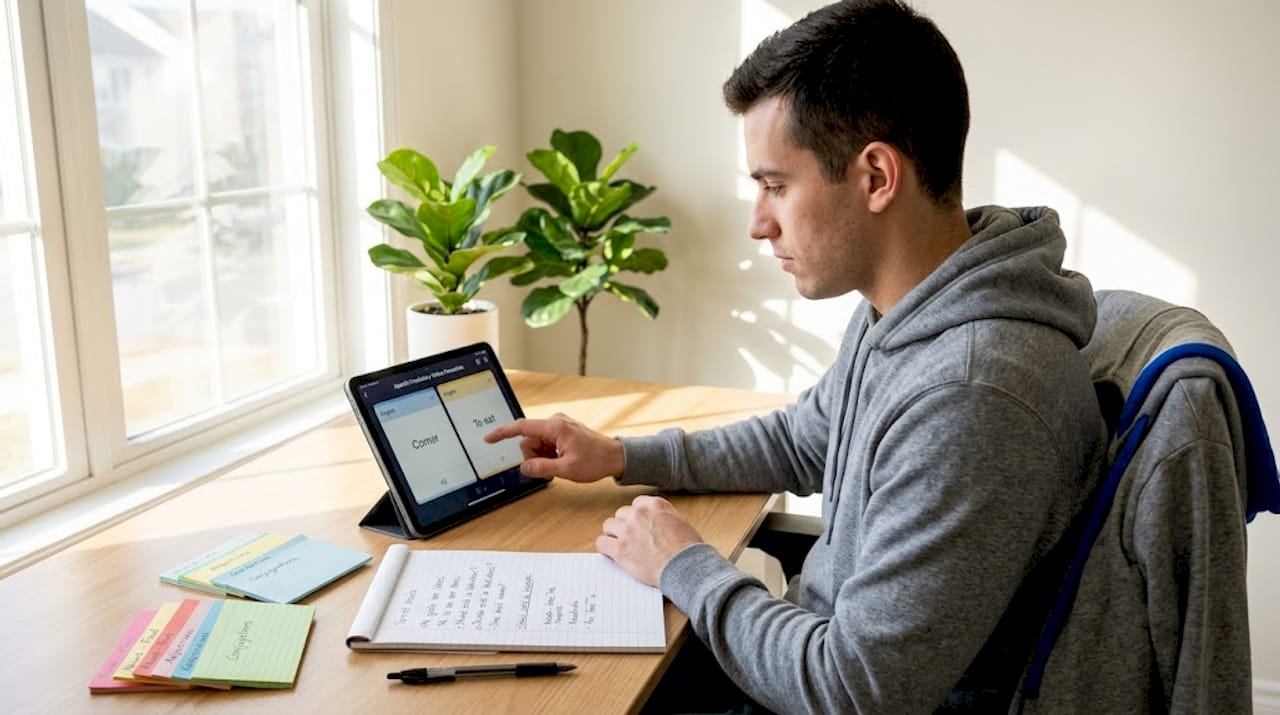 Man reviewing Spanish on tablet at desk
