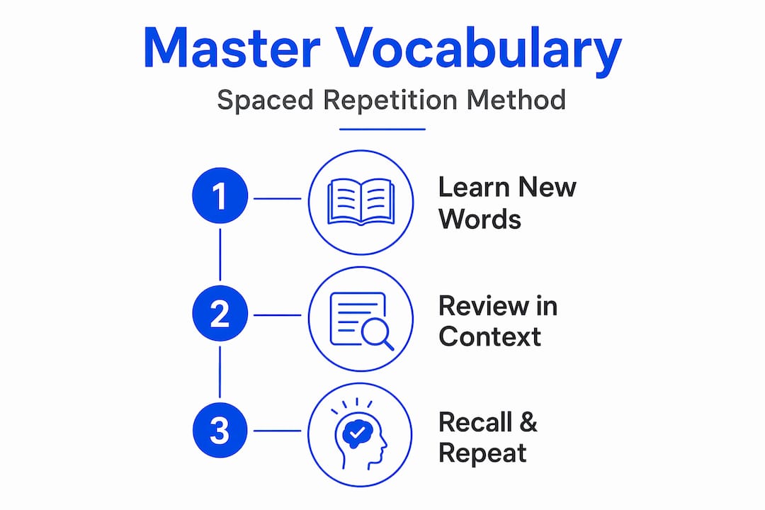 Infographic showing three-step Spanish vocabulary method