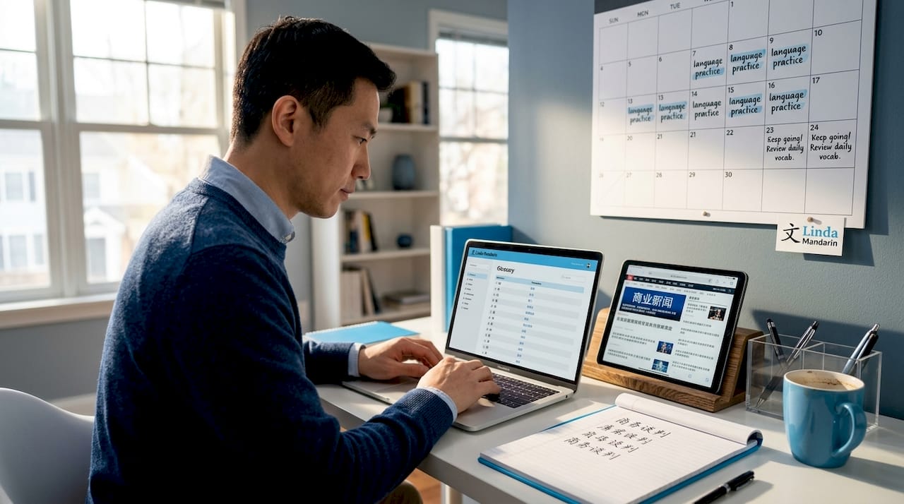 Home office with Mandarin business learning setup