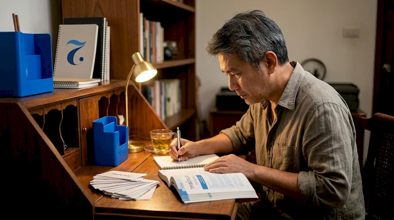 Man learning Thai script in home office