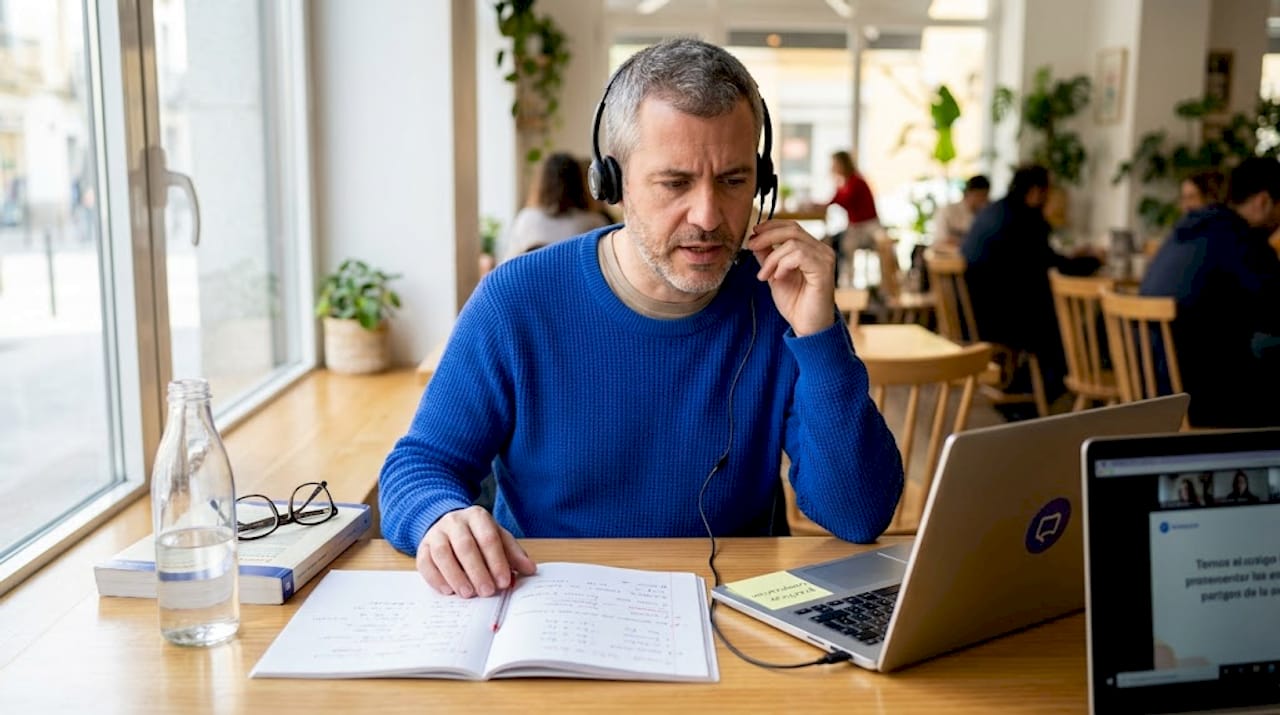Man practicing Spanish grammar at office desk