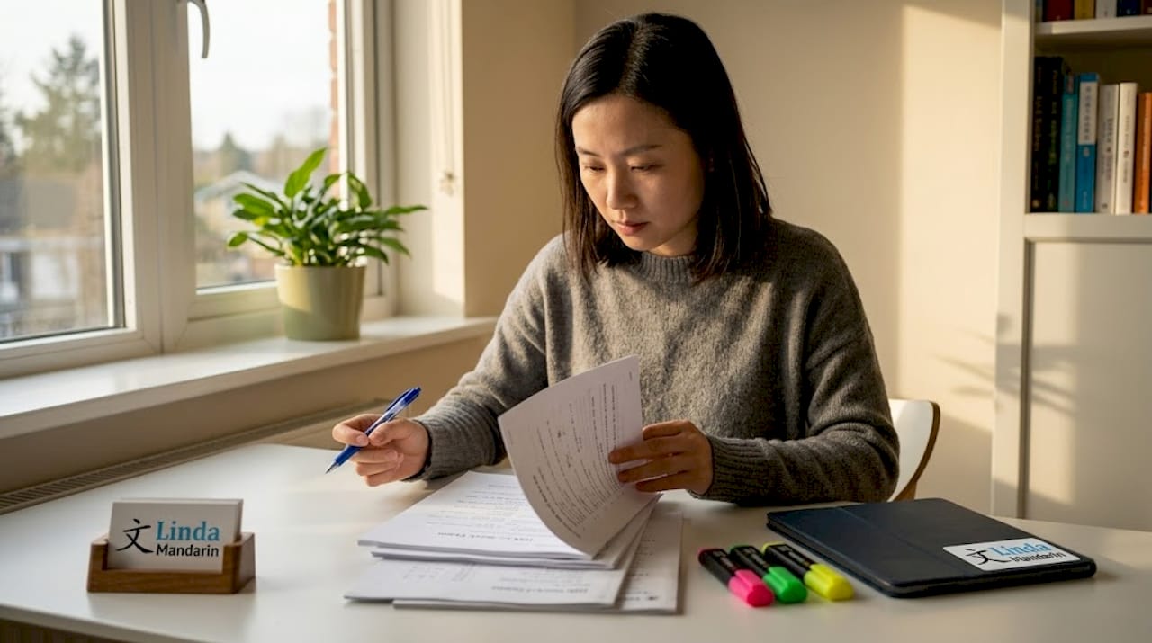 Woman reviewing HSK mock test answers