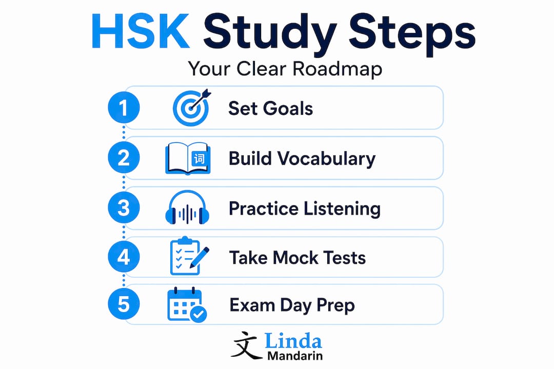 Infographic displaying HSK study steps in order