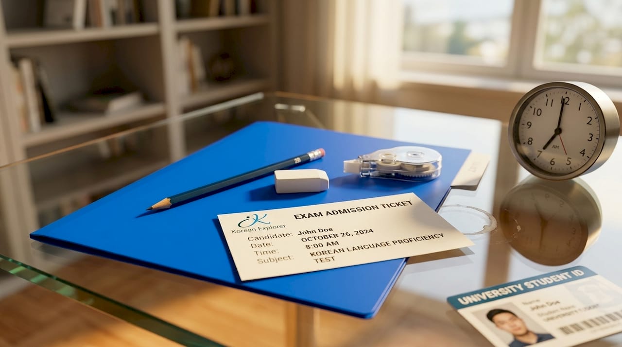Exam supplies and admission ticket on desk