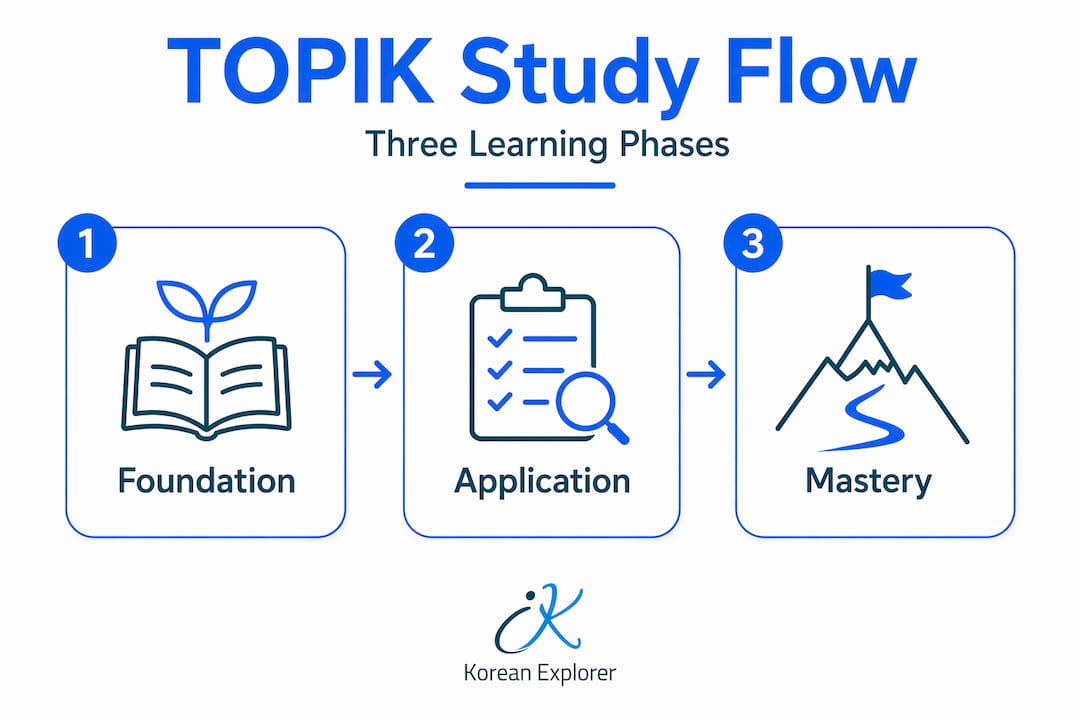 Infographic showing three phases of TOPIK study plan