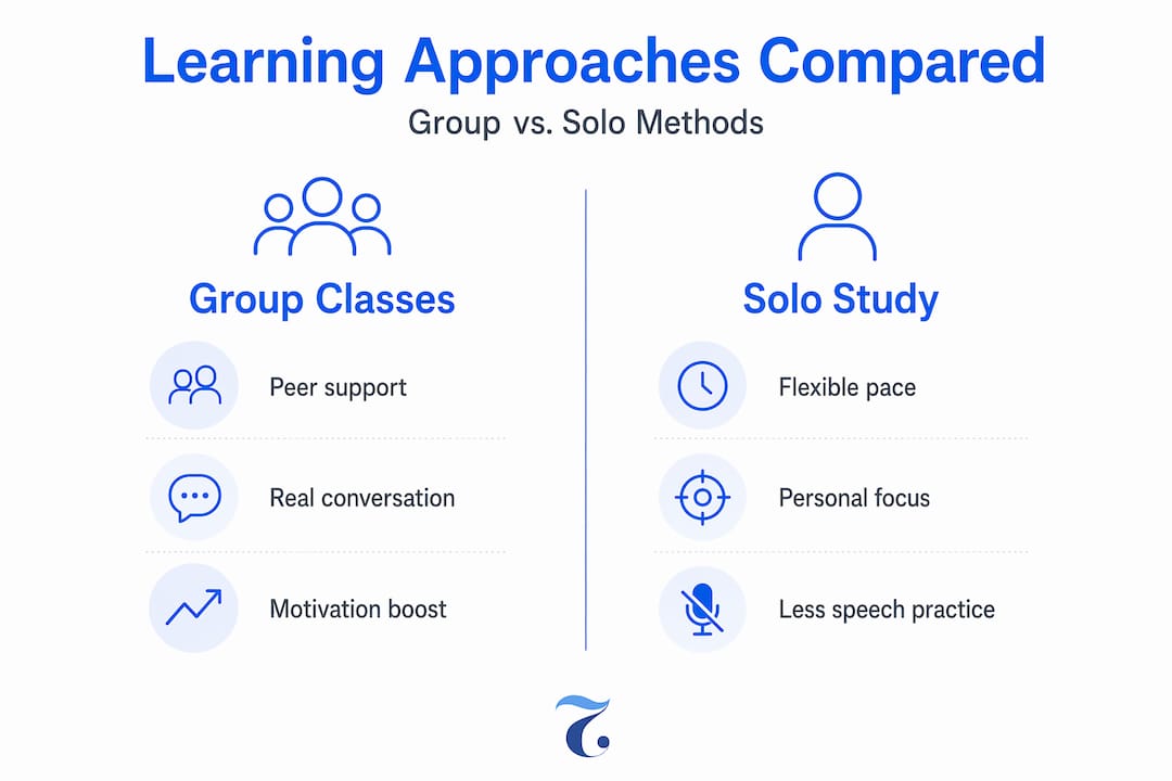 Infographic comparing group and solo language methods