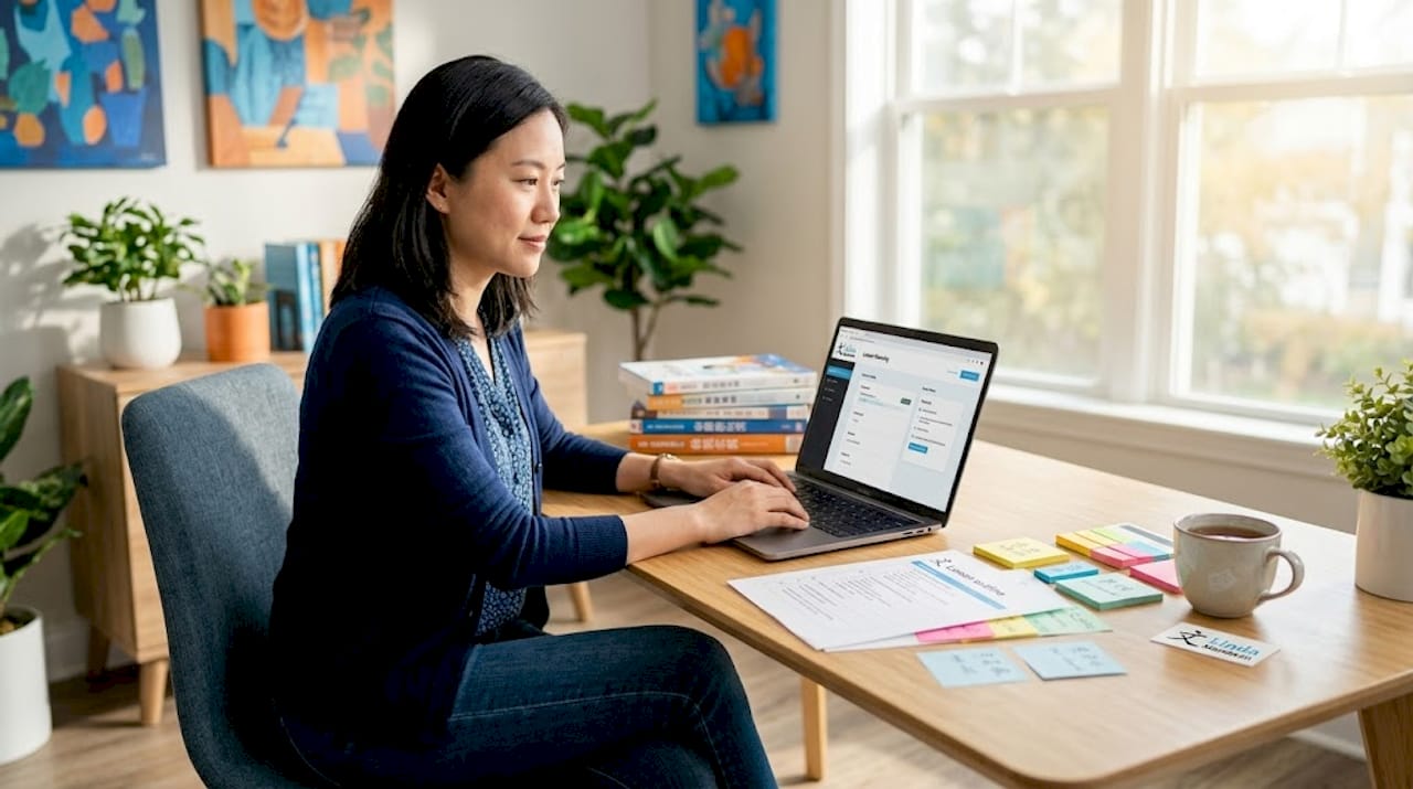 Teacher preparing Mandarin lesson in home