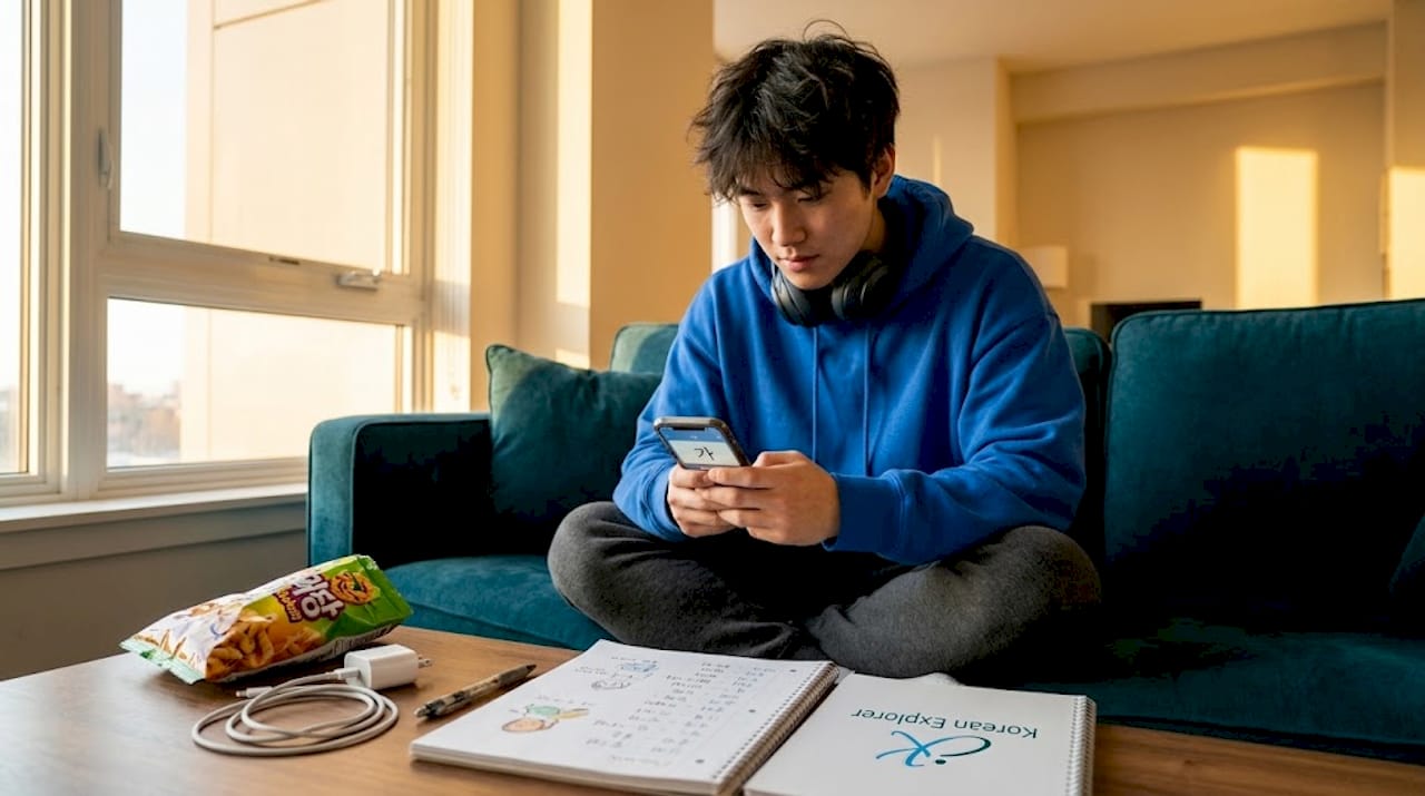 Person revising Korean vocabulary with flashcard app