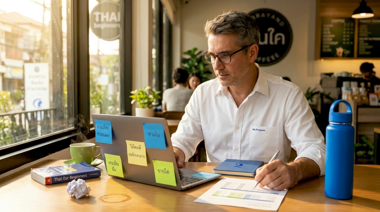 Student adjusting Thai course progress at home