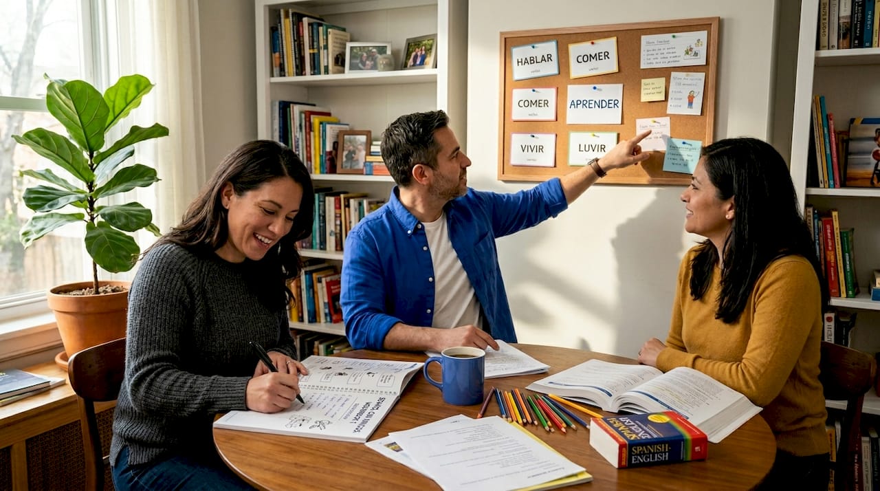 Adults collaborating in Spanish classroom setting