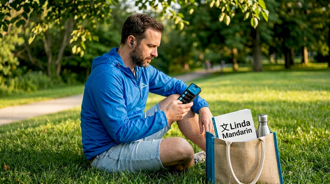 Man listening to Mandarin podcasts in park