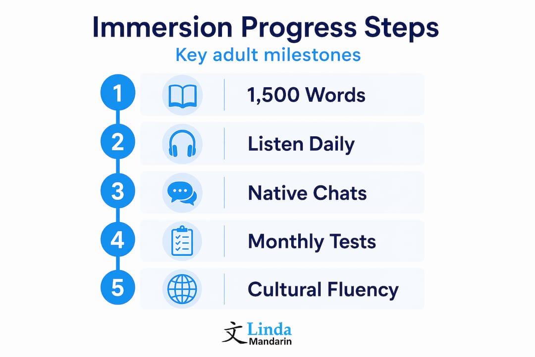 Infographic showing Mandarin immersion milestones in order