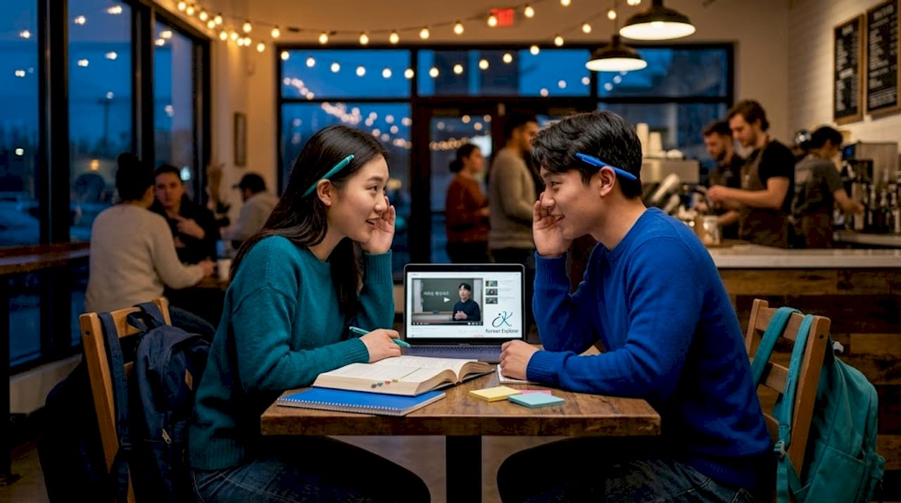 Students practicing Korean dialogue at library