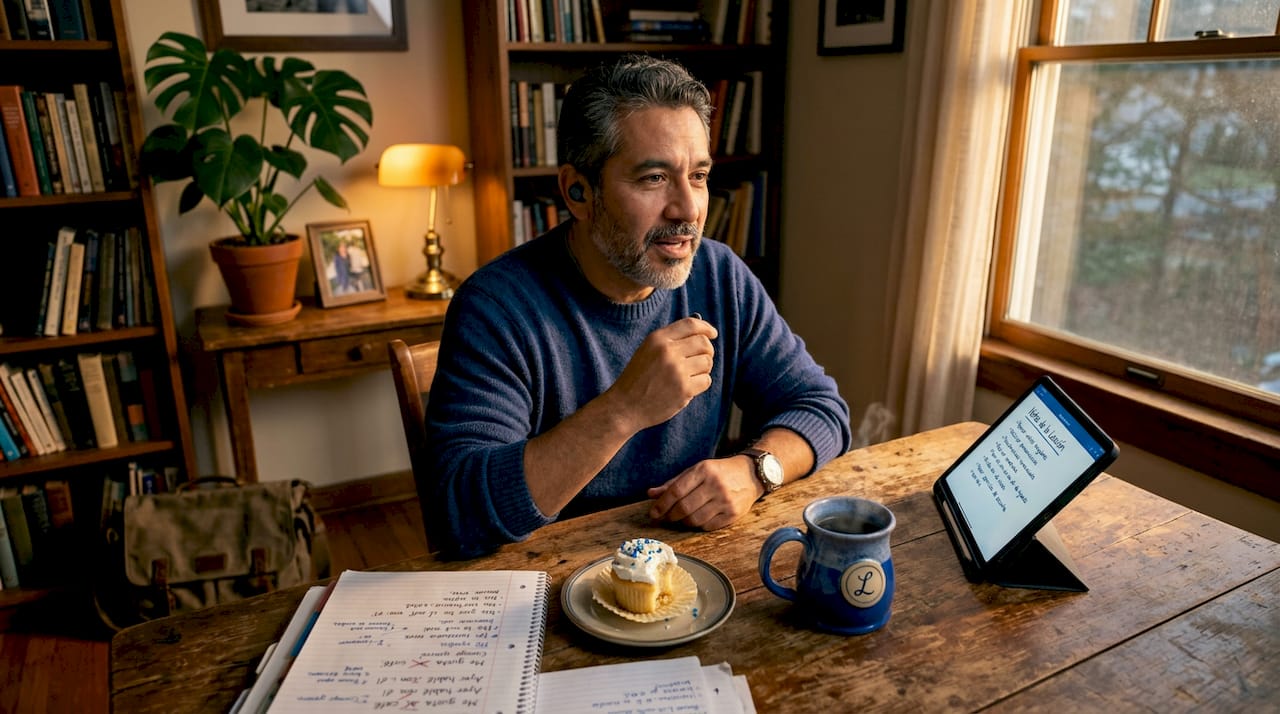 Man practicing Spanish with tablet and earbuds