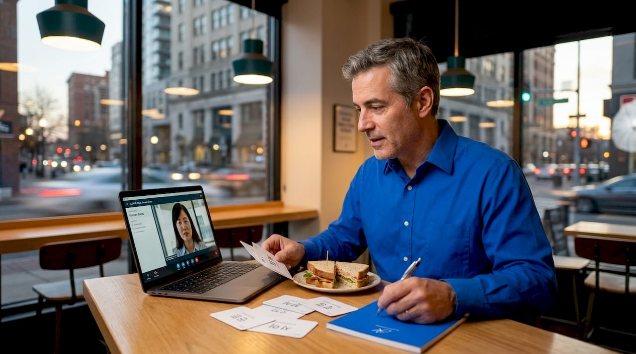Man video-calling for Korean practice at café