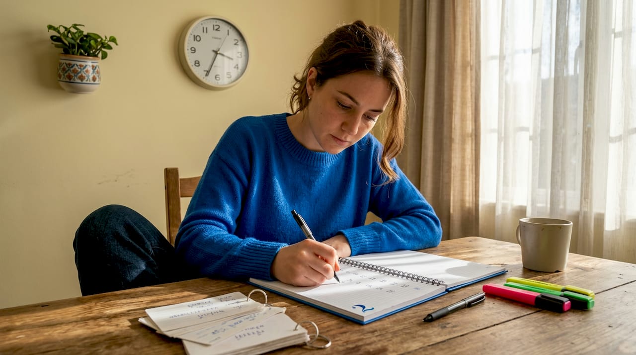 Woman practices Thai writing at home desk