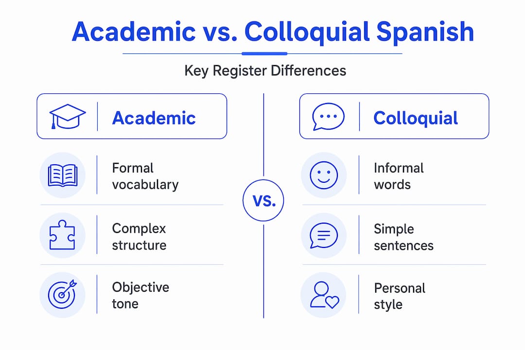Infographic contrasting academic and colloquial Spanish