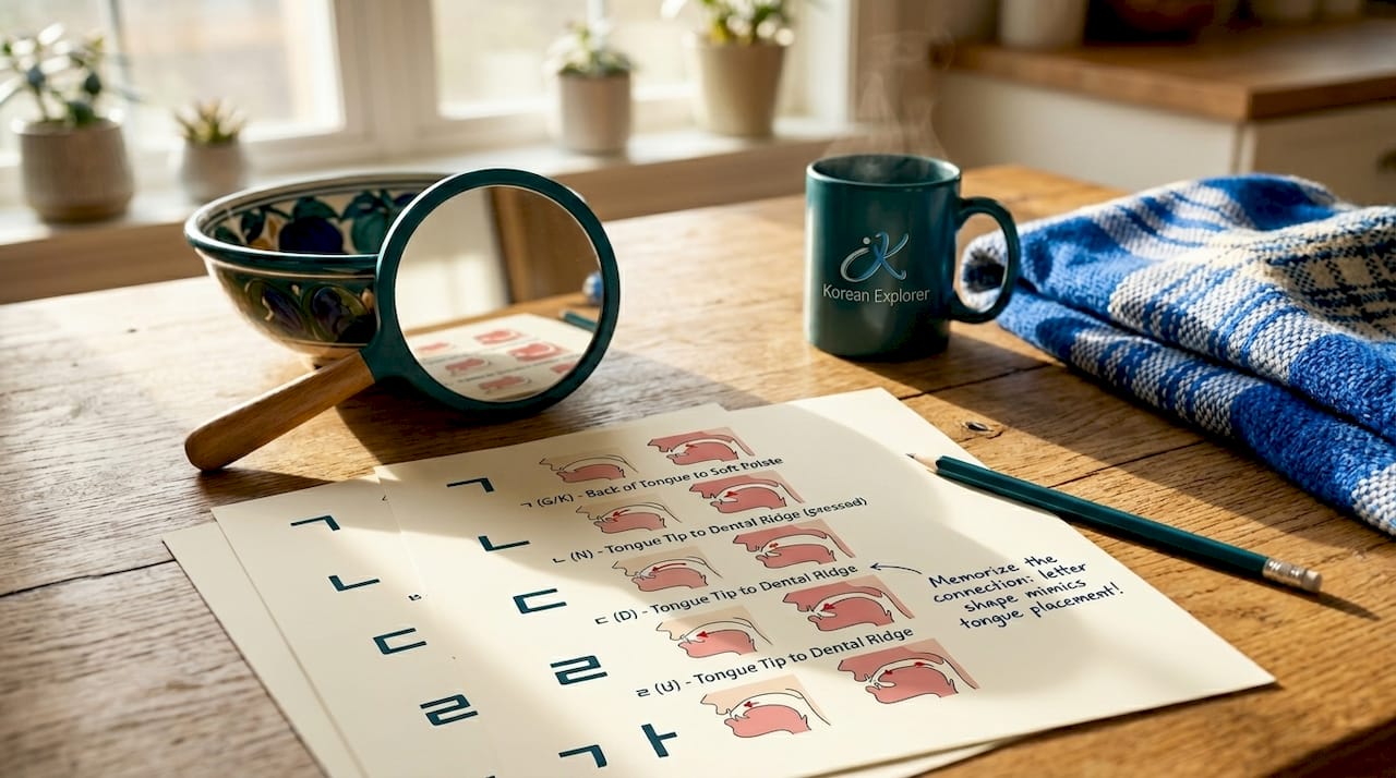 Study materials showing Hangul letters and mouth shapes