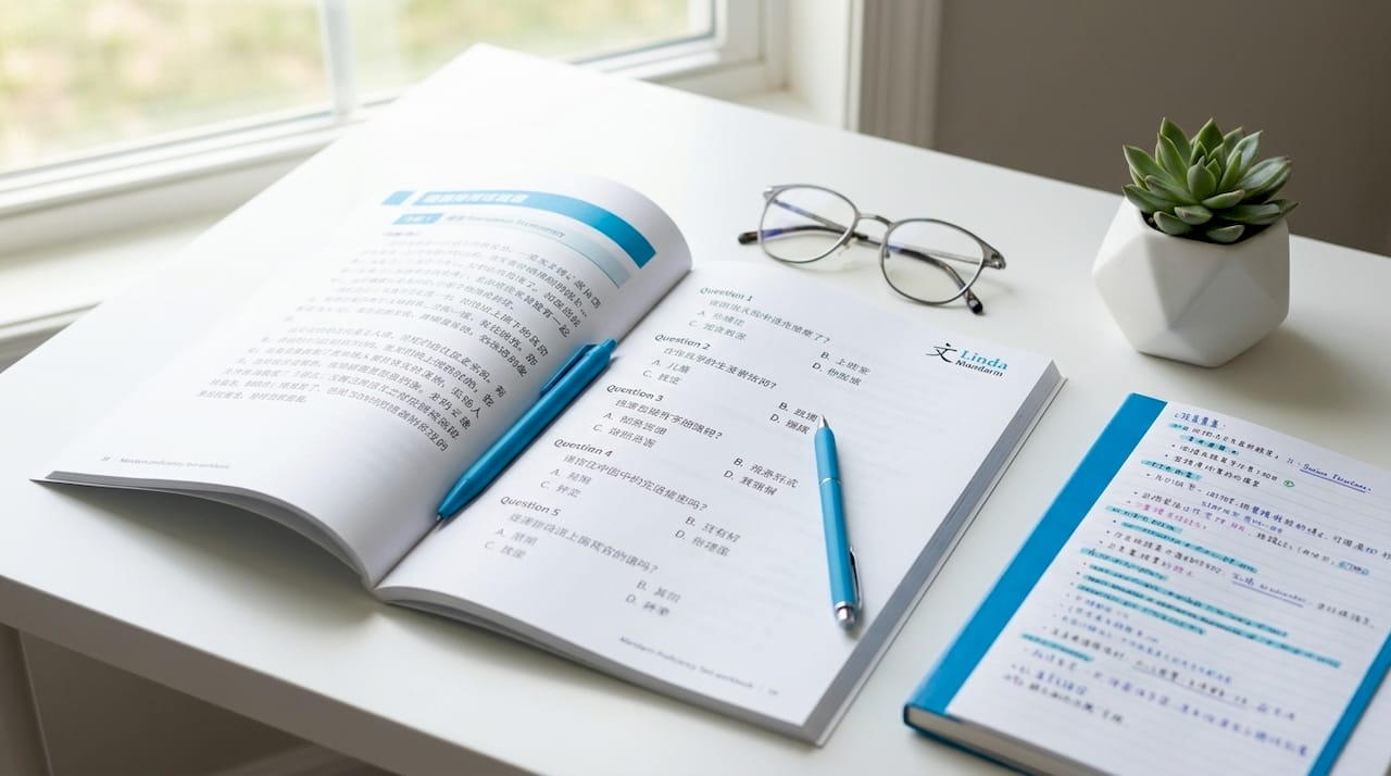 Mandarin proficiency test workbook on table