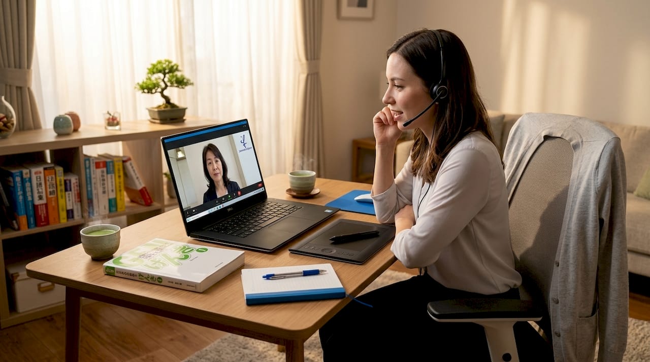 Professional learner attending online Japanese class at home