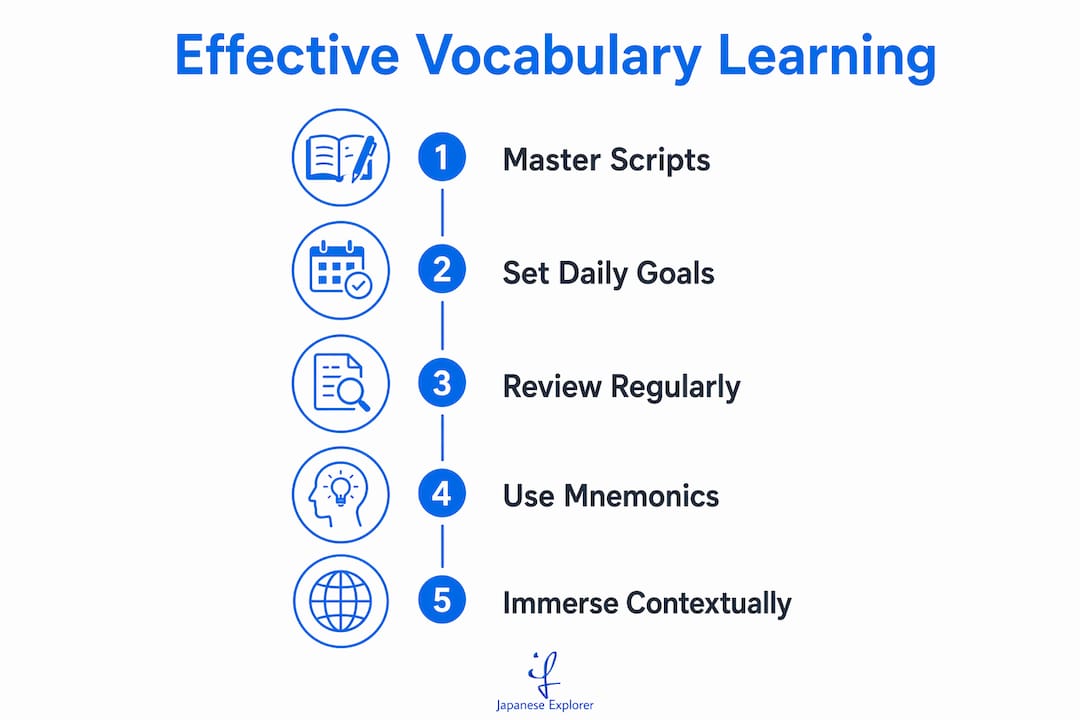 Infographic illustrating steps for fast and effective Japanese vocabulary learning