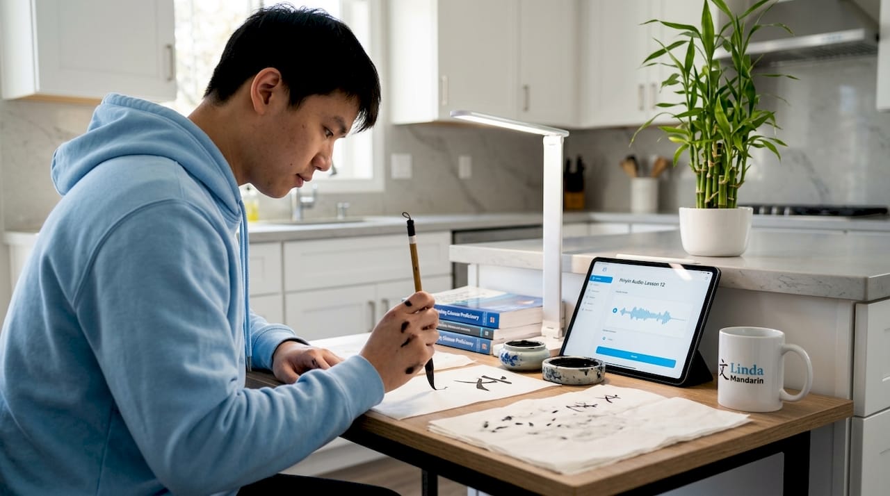 Student practicing Mandarin calligraphy at desk
