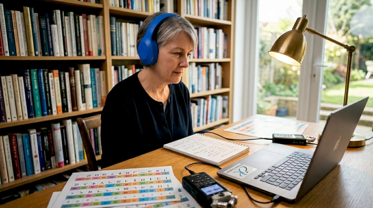 Linguist analyzing Korean dialect phonology recordings