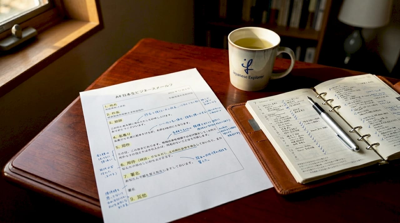 Printed Japanese business email draft with handwritten corrections