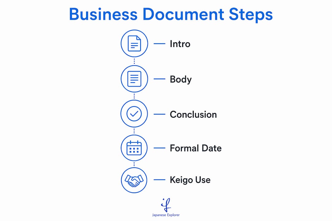 Infographic illustrating key steps in Japanese business document writing