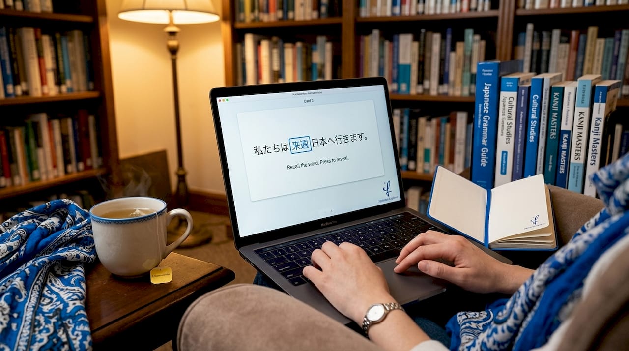 Hands using spaced repetition flashcards on laptop