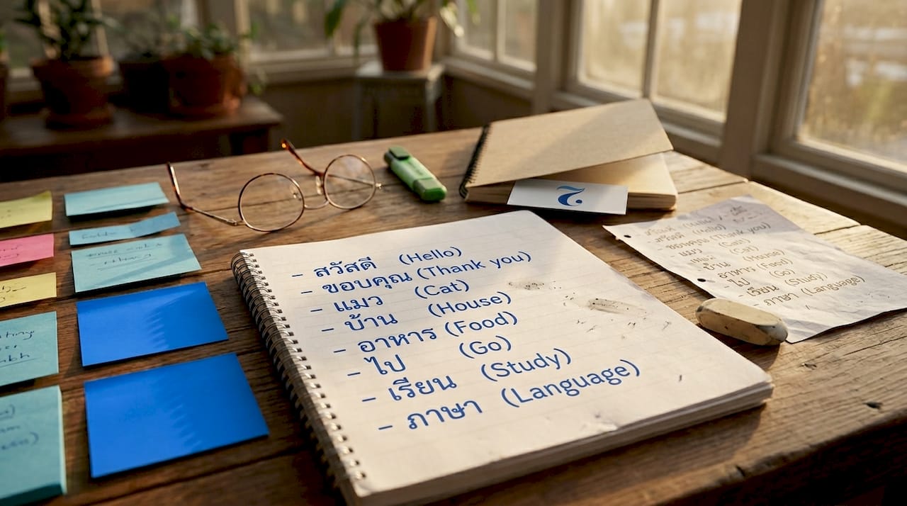 Study materials with Thai vocabulary and grammar notes