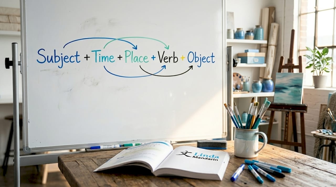 Whiteboard showing Mandarin sentence structure diagram