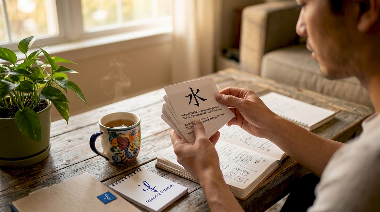 Hands holding kanji flashcards with reading explanations