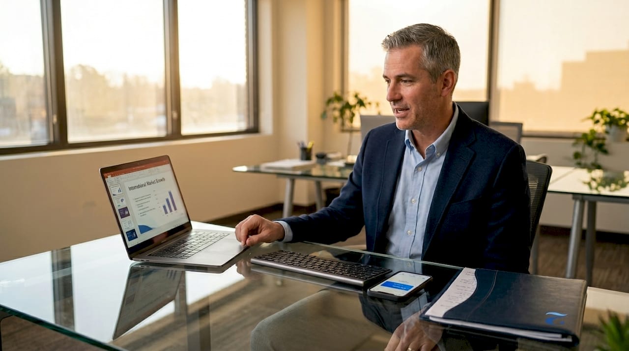 Bilingual professional in office on video call