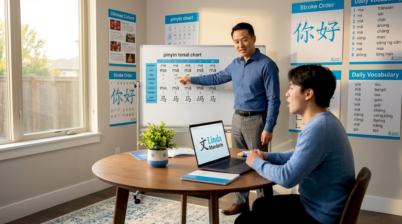 Mandarin teacher demonstrating tonal pronunciation
