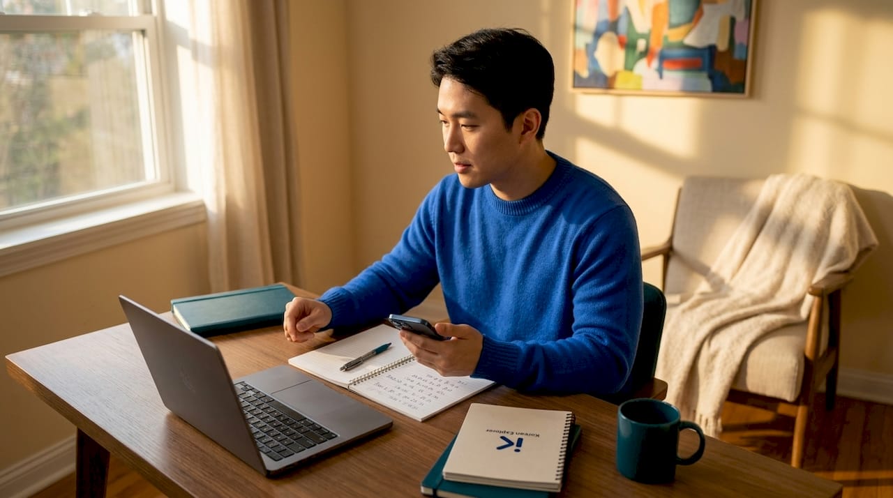 Young man doing shadowing exercise with Korean audio