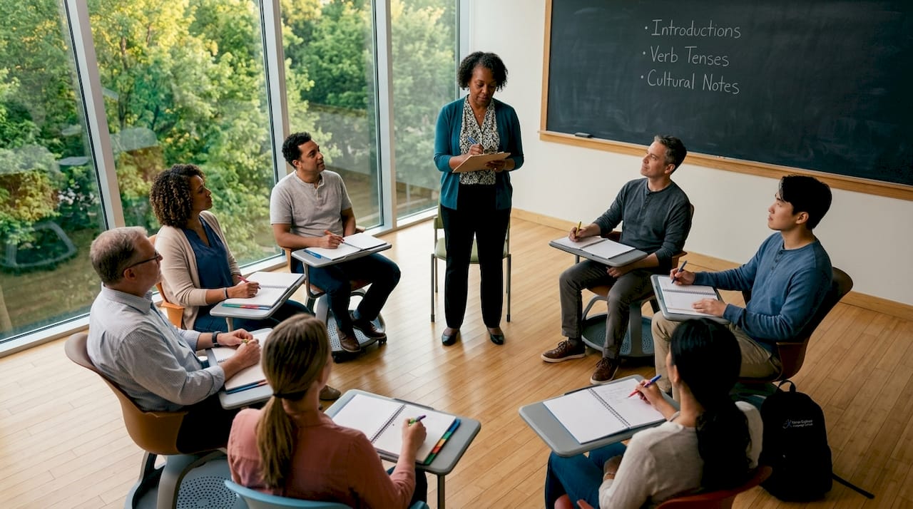Inspector observing certified language school classroom