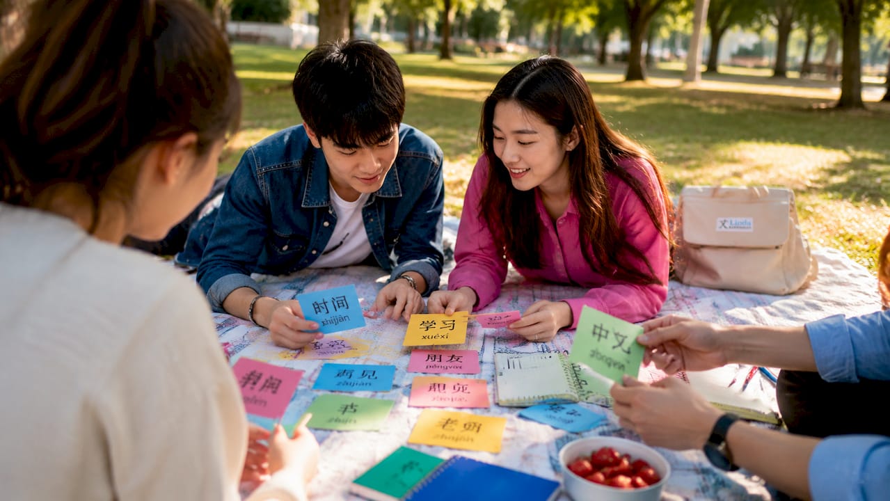 Students arranging Mandarin sentence flashcards