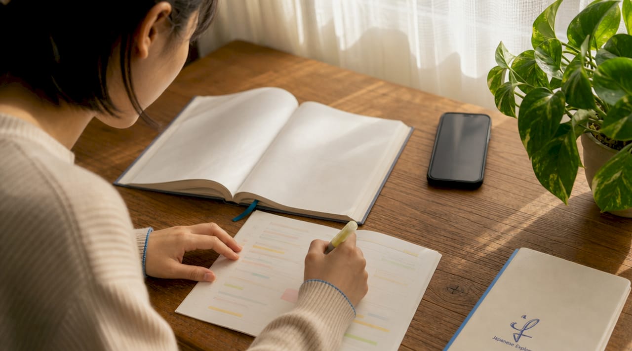 Top-down view of Japanese study materials