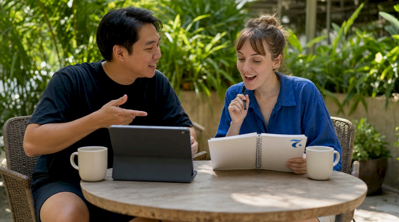 Language partners practicing spoken Thai in café