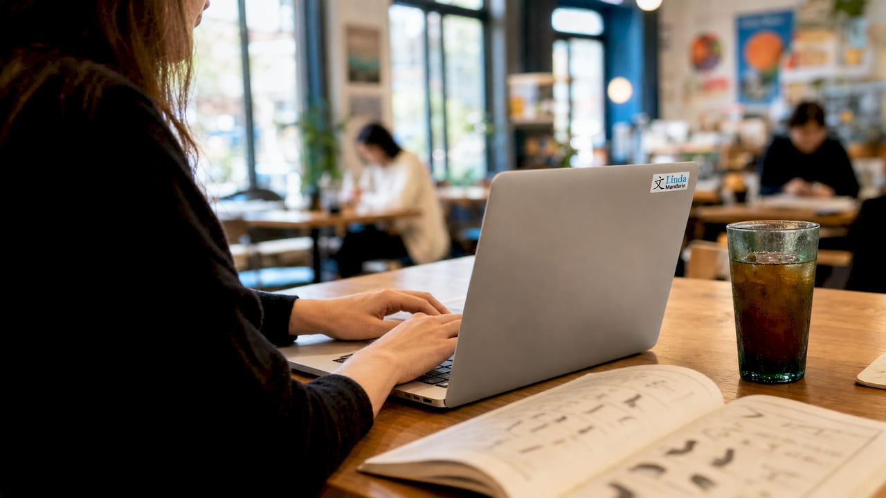 Hands typing Mandarin on keyboard with guidebook