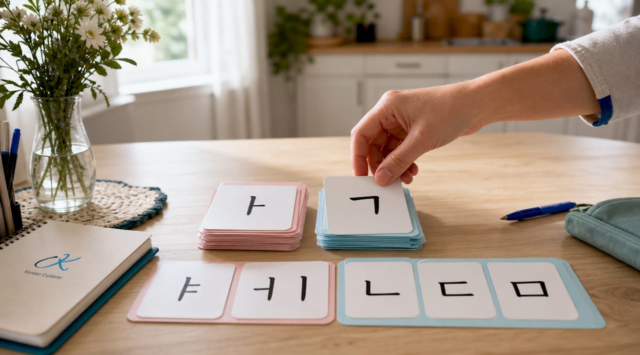 Overhead view of Hangul consonant and vowel flashcards