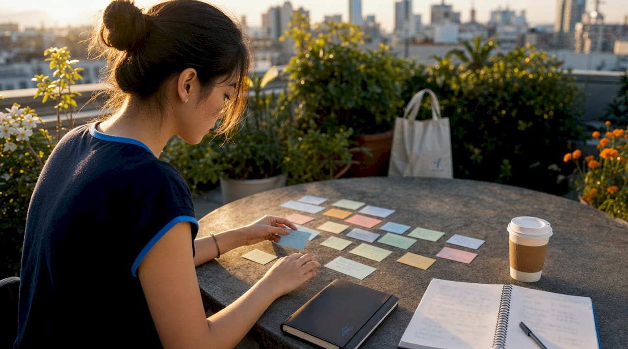 Hands sorting Japanese vocabulary flashcards in café