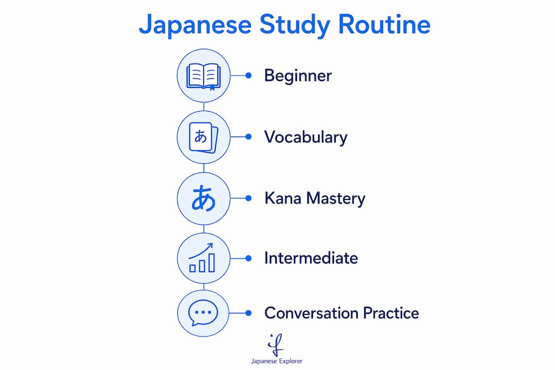 Infographic illustrating stages of Japanese study routine