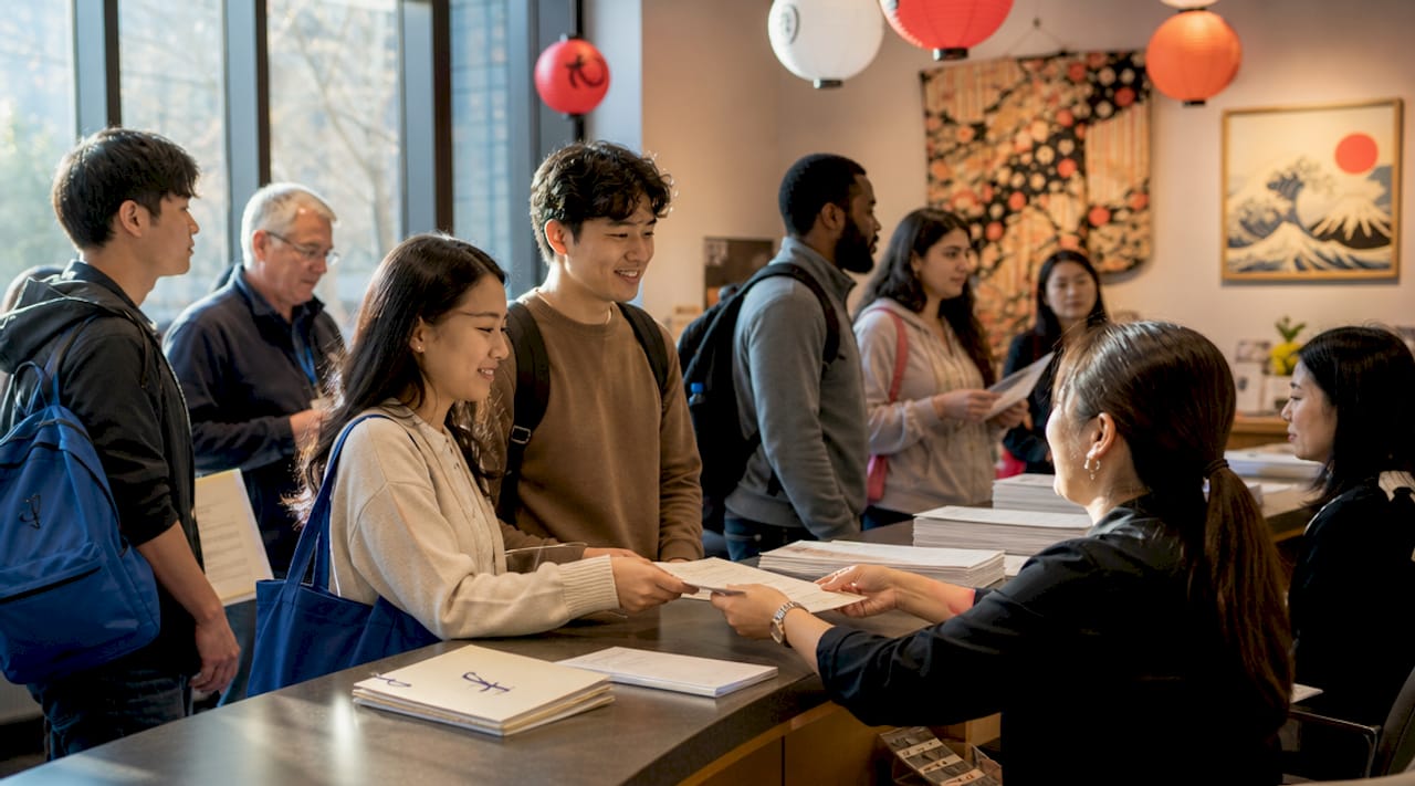 Test takers registering at JLPT exam center