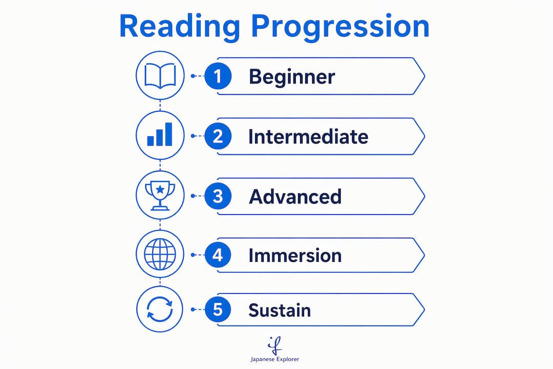 Infographic showing Japanese reading strategy progression steps