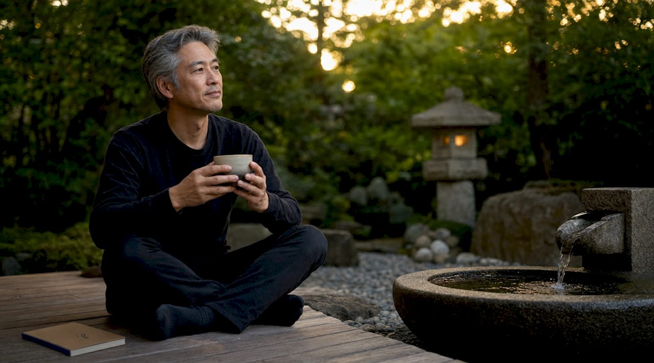 Mature man practicing patience in tea room