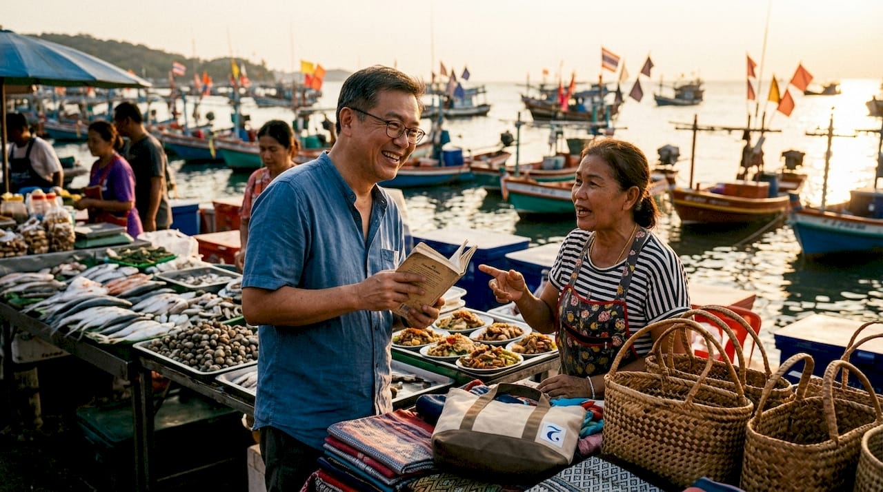 Man practicing Thai speaking at market