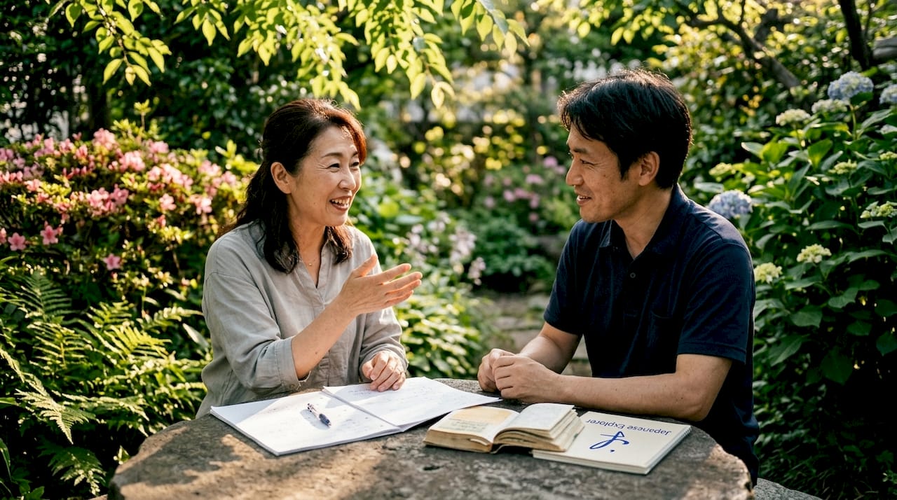Japanese conversation practice in café setting