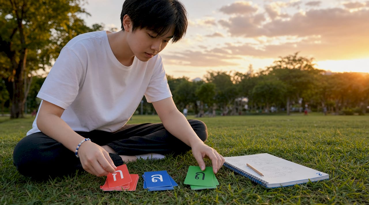 Hands organizing Thai consonant flashcards